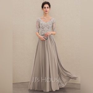 NWT A-Line Floor-Length Chiffon Lace Dress Taupe Size 8